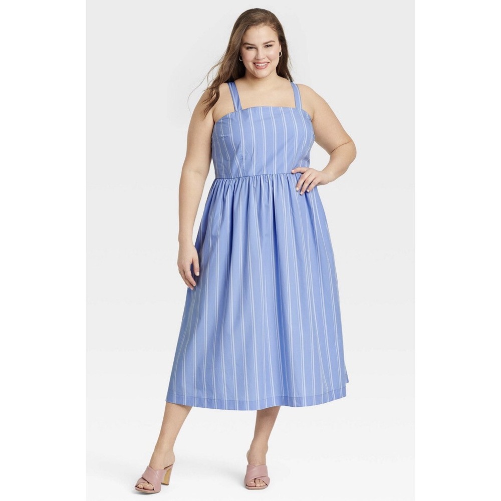 A New Day Plus Size Blue White Stripe Smocked Midi Sundress XXL